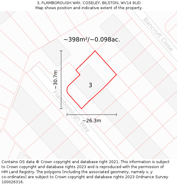 3, FLAMBOROUGH WAY, COSELEY, BILSTON, WV14 9UD: Plot and title map