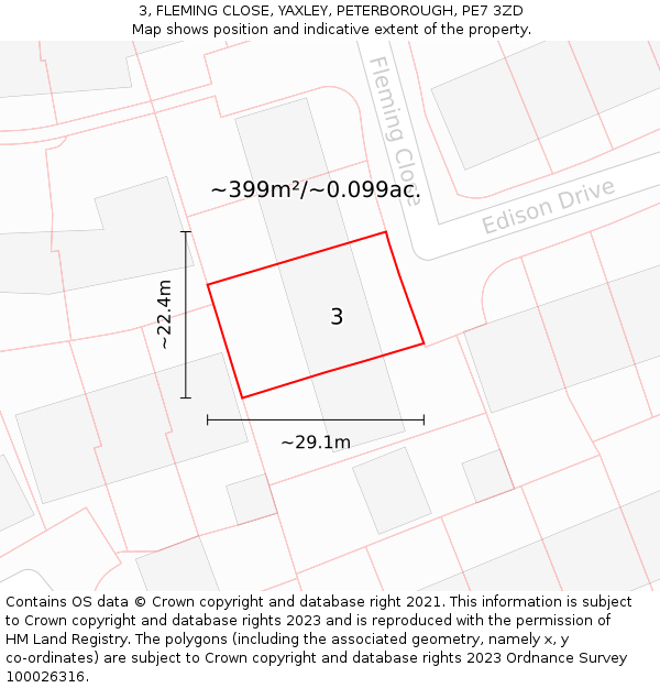 3, FLEMING CLOSE, YAXLEY, PETERBOROUGH, PE7 3ZD: Plot and title map