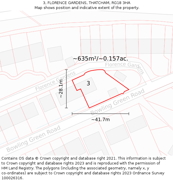 3, FLORENCE GARDENS, THATCHAM, RG18 3HA: Plot and title map