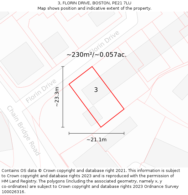 3, FLORIN DRIVE, BOSTON, PE21 7LU: Plot and title map