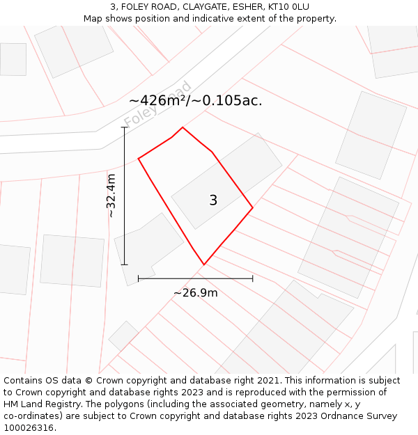 3, FOLEY ROAD, CLAYGATE, ESHER, KT10 0LU: Plot and title map