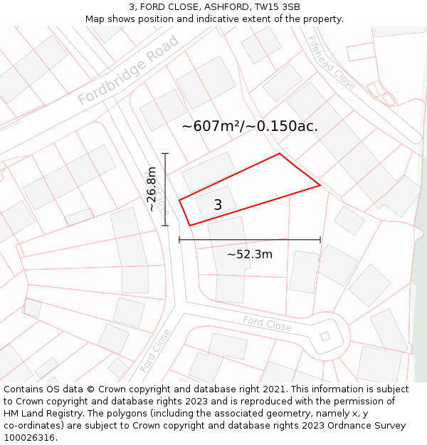 3, FORD CLOSE, ASHFORD, TW15 3SB: Plot and title map