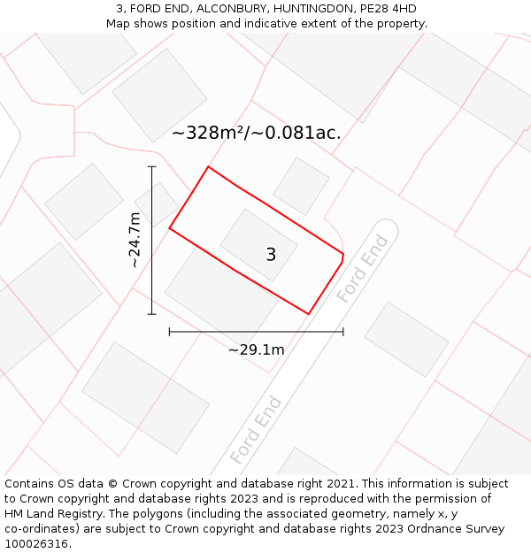 3, FORD END, ALCONBURY, HUNTINGDON, PE28 4HD: Plot and title map