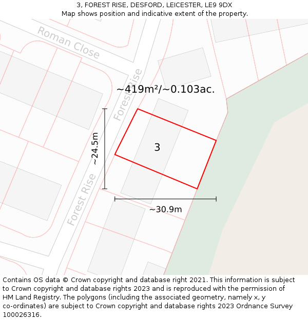 3, FOREST RISE, DESFORD, LEICESTER, LE9 9DX: Plot and title map