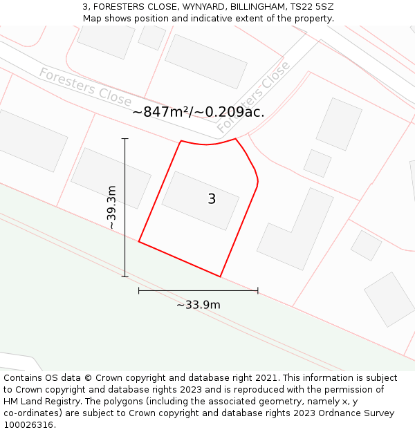 3, FORESTERS CLOSE, WYNYARD, BILLINGHAM, TS22 5SZ: Plot and title map