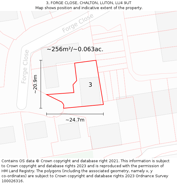 3, FORGE CLOSE, CHALTON, LUTON, LU4 9UT: Plot and title map