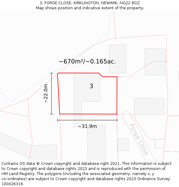 3, FORGE CLOSE, KIRKLINGTON, NEWARK, NG22 8GZ: Plot and title map