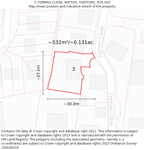 3, FORMAN CLOSE, WATTON, THETFORD, IP25 6XZ: Plot and title map