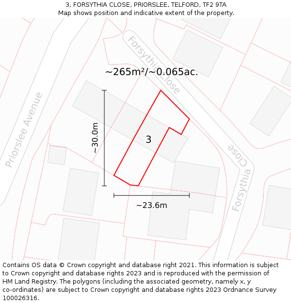 3, FORSYTHIA CLOSE, PRIORSLEE, TELFORD, TF2 9TA: Plot and title map