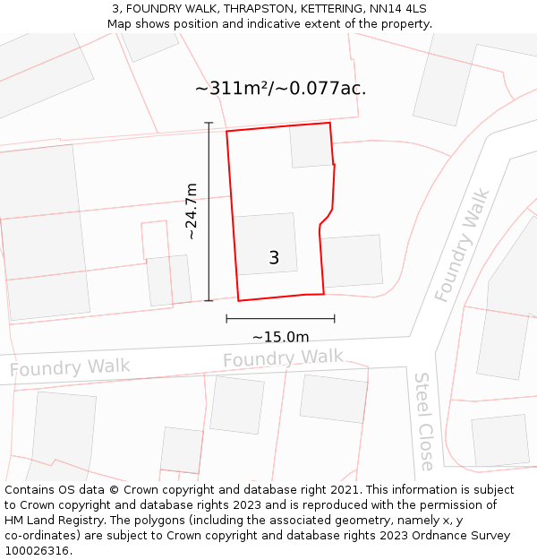 3, FOUNDRY WALK, THRAPSTON, KETTERING, NN14 4LS: Plot and title map