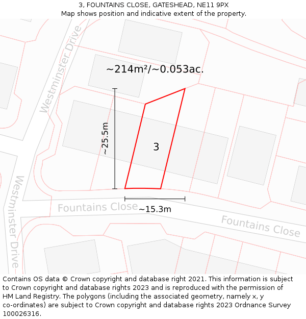 3, FOUNTAINS CLOSE, GATESHEAD, NE11 9PX: Plot and title map