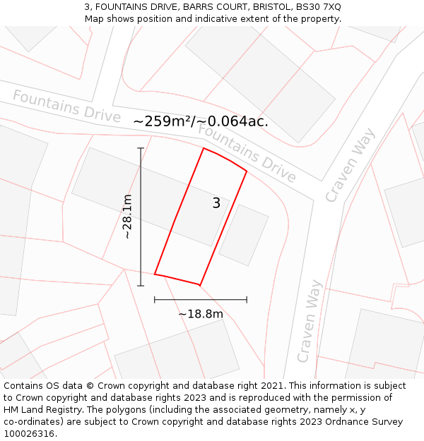 3, FOUNTAINS DRIVE, BARRS COURT, BRISTOL, BS30 7XQ: Plot and title map
