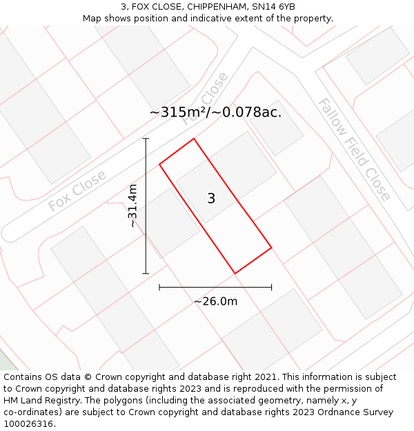 3, FOX CLOSE, CHIPPENHAM, SN14 6YB: Plot and title map