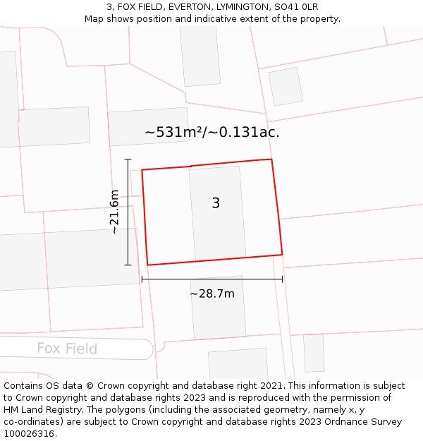 3, FOX FIELD, EVERTON, LYMINGTON, SO41 0LR: Plot and title map