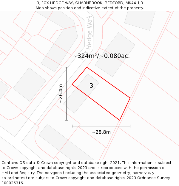 3, FOX HEDGE WAY, SHARNBROOK, BEDFORD, MK44 1JR: Plot and title map