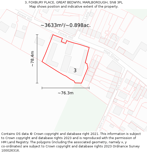 3, FOXBURY PLACE, GREAT BEDWYN, MARLBOROUGH, SN8 3PL: Plot and title map