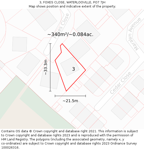 3, FOXES CLOSE, WATERLOOVILLE, PO7 7JH: Plot and title map