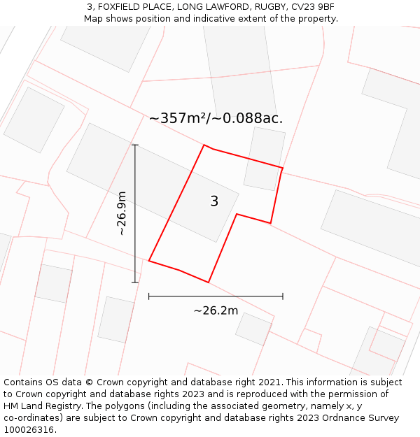 3, FOXFIELD PLACE, LONG LAWFORD, RUGBY, CV23 9BF: Plot and title map