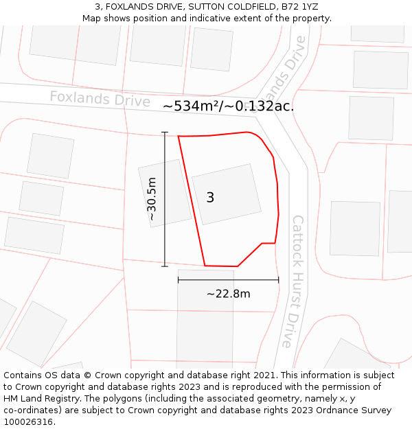 3, FOXLANDS DRIVE, SUTTON COLDFIELD, B72 1YZ: Plot and title map