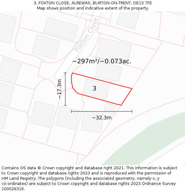 3, FOXTON CLOSE, ALREWAS, BURTON-ON-TRENT, DE13 7FE: Plot and title map