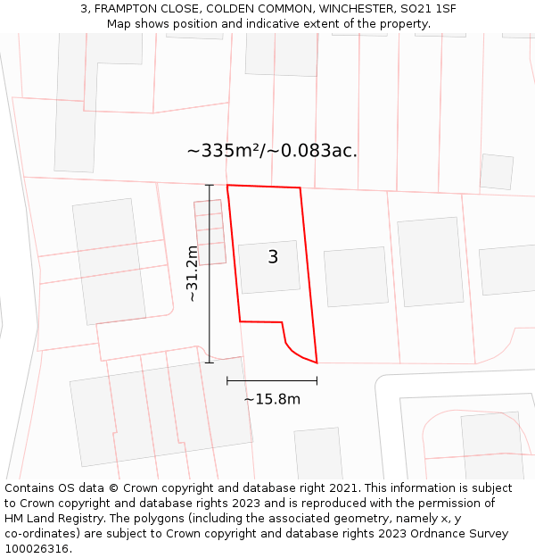 3, FRAMPTON CLOSE, COLDEN COMMON, WINCHESTER, SO21 1SF: Plot and title map