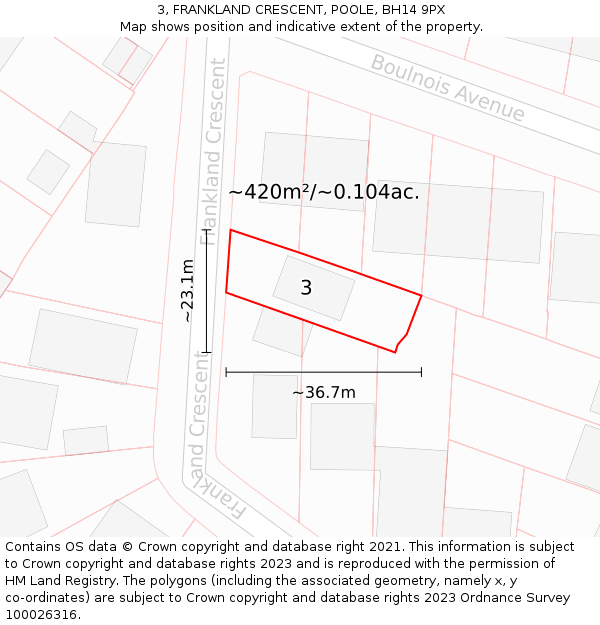 3, FRANKLAND CRESCENT, POOLE, BH14 9PX: Plot and title map