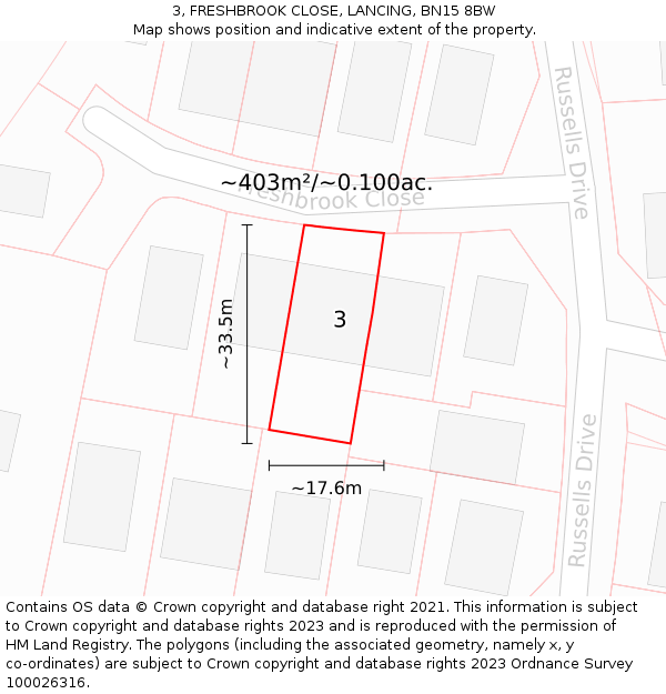 3, FRESHBROOK CLOSE, LANCING, BN15 8BW: Plot and title map