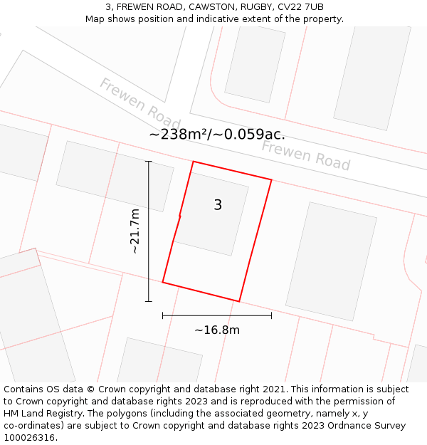 3, FREWEN ROAD, CAWSTON, RUGBY, CV22 7UB: Plot and title map