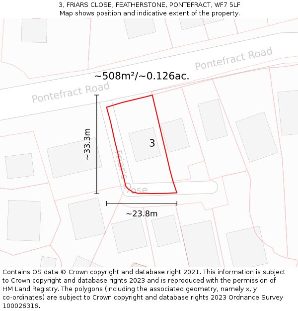 3, FRIARS CLOSE, FEATHERSTONE, PONTEFRACT, WF7 5LF: Plot and title map