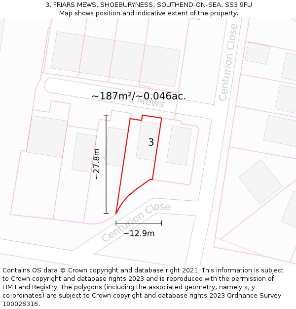 3, FRIARS MEWS, SHOEBURYNESS, SOUTHEND-ON-SEA, SS3 9FU: Plot and title map