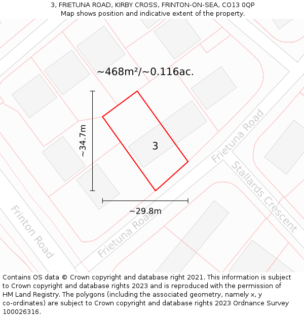 3, FRIETUNA ROAD, KIRBY CROSS, FRINTON-ON-SEA, CO13 0QP: Plot and title map