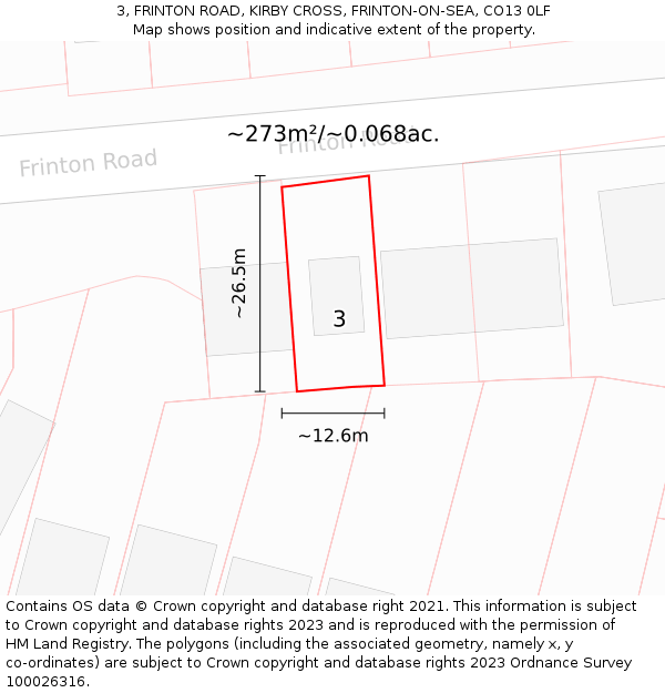 3, FRINTON ROAD, KIRBY CROSS, FRINTON-ON-SEA, CO13 0LF: Plot and title map