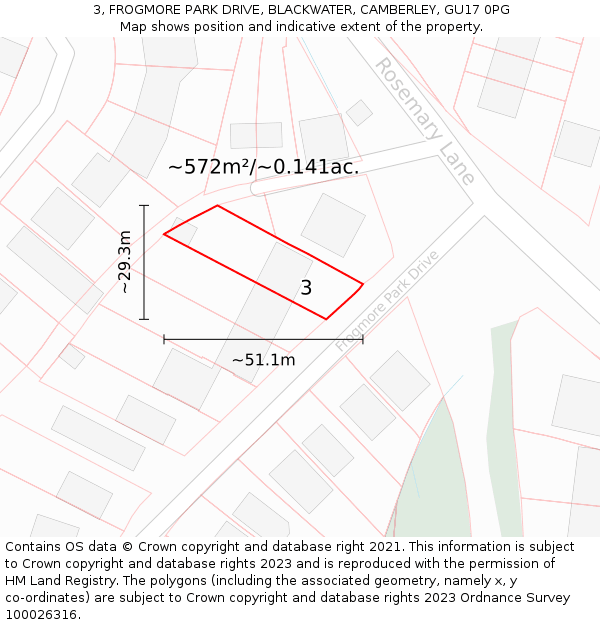 3, FROGMORE PARK DRIVE, BLACKWATER, CAMBERLEY, GU17 0PG: Plot and title map