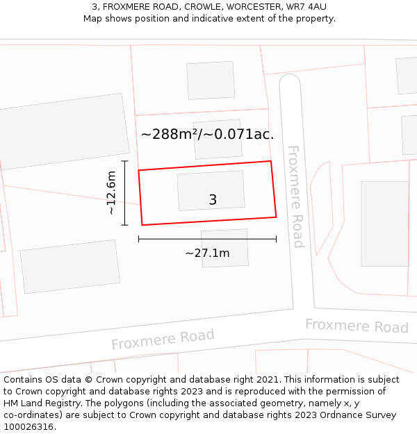 3, FROXMERE ROAD, CROWLE, WORCESTER, WR7 4AU: Plot and title map