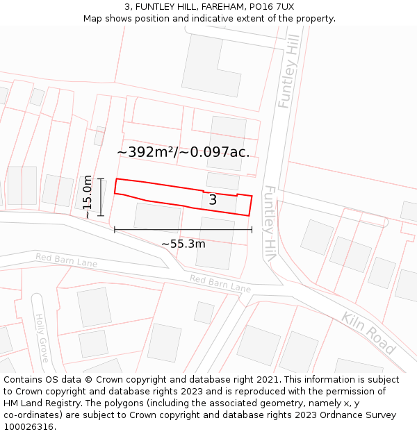 3, FUNTLEY HILL, FAREHAM, PO16 7UX: Plot and title map