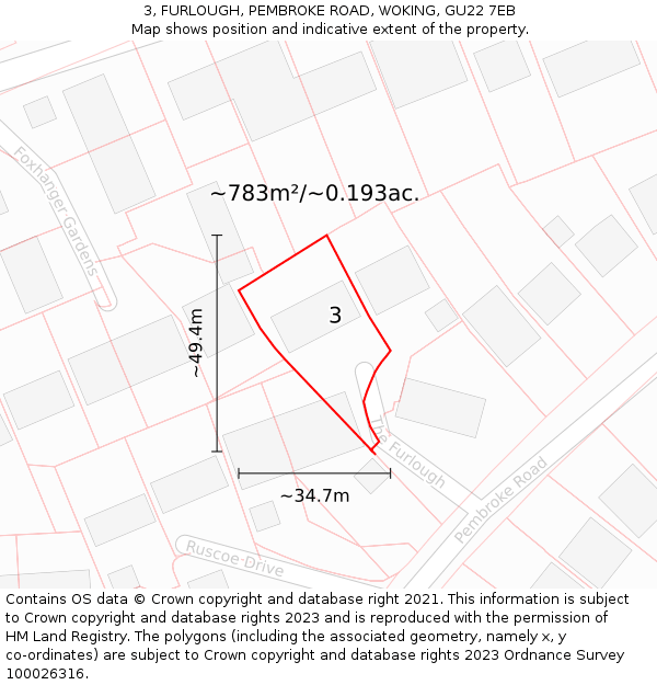 3, FURLOUGH, PEMBROKE ROAD, WOKING, GU22 7EB: Plot and title map