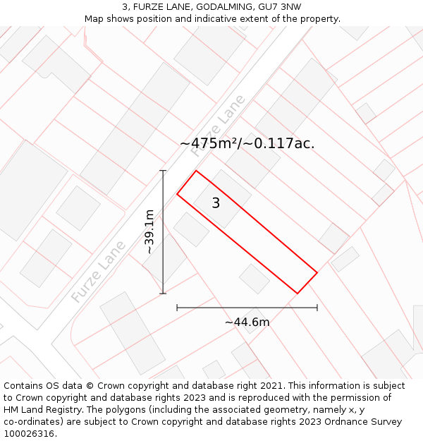 3, FURZE LANE, GODALMING, GU7 3NW: Plot and title map