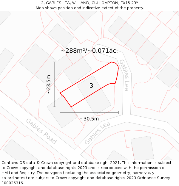 3, GABLES LEA, WILLAND, CULLOMPTON, EX15 2RY: Plot and title map