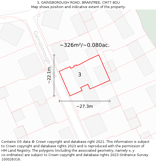 3, GAINSBOROUGH ROAD, BRAINTREE, CM77 8DU: Plot and title map