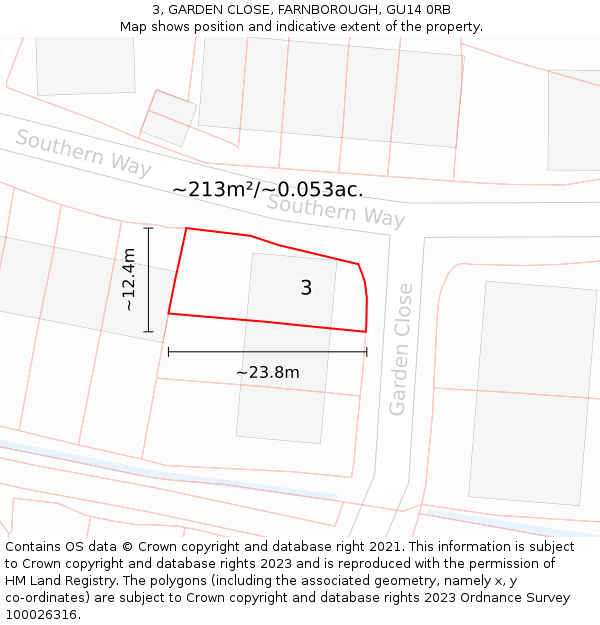 3, GARDEN CLOSE, FARNBOROUGH, GU14 0RB: Plot and title map