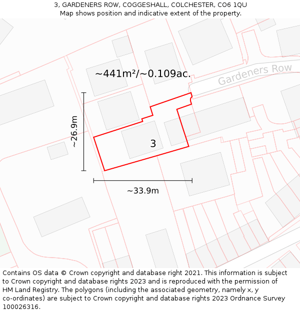 3, GARDENERS ROW, COGGESHALL, COLCHESTER, CO6 1QU: Plot and title map