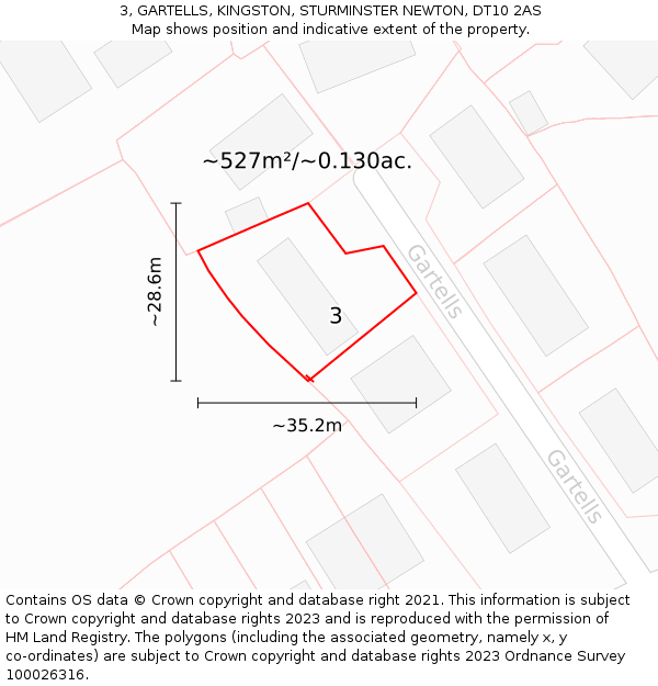 3, GARTELLS, KINGSTON, STURMINSTER NEWTON, DT10 2AS: Plot and title map