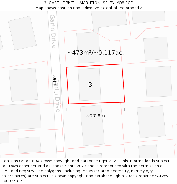 3, GARTH DRIVE, HAMBLETON, SELBY, YO8 9QD: Plot and title map