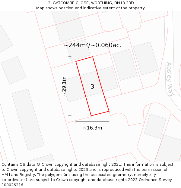 3, GATCOMBE CLOSE, WORTHING, BN13 3RD: Plot and title map