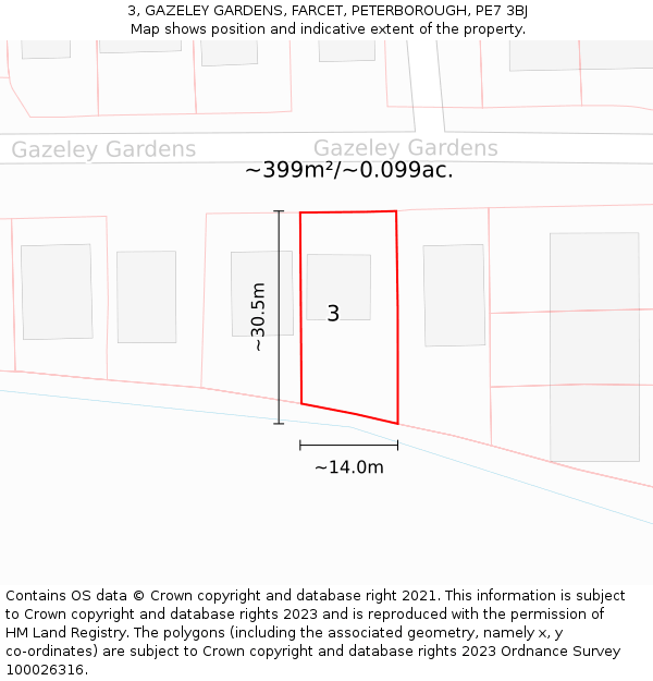 3, GAZELEY GARDENS, FARCET, PETERBOROUGH, PE7 3BJ: Plot and title map