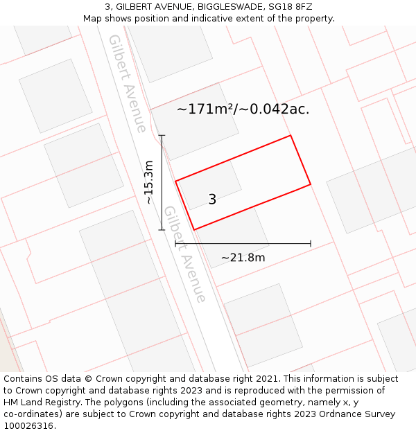 3, GILBERT AVENUE, BIGGLESWADE, SG18 8FZ: Plot and title map