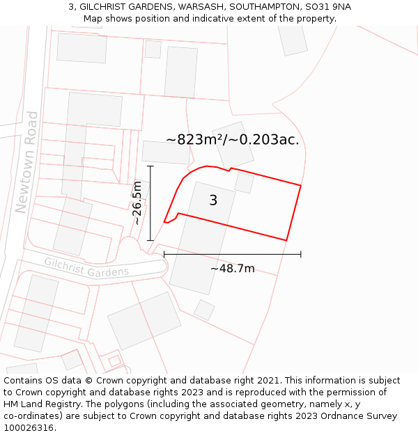 3, GILCHRIST GARDENS, WARSASH, SOUTHAMPTON, SO31 9NA: Plot and title map