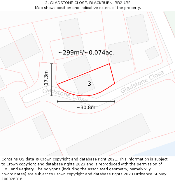 3, GLADSTONE CLOSE, BLACKBURN, BB2 4BF: Plot and title map