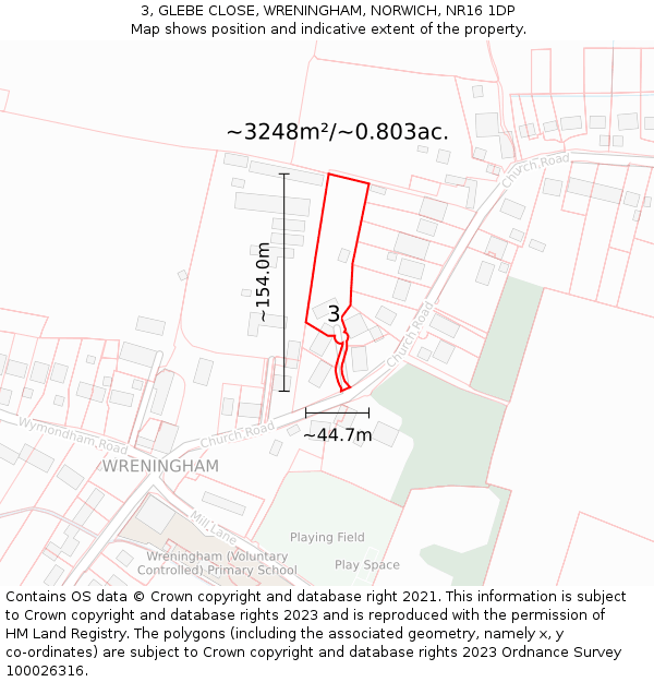 3, GLEBE CLOSE, WRENINGHAM, NORWICH, NR16 1DP: Plot and title map