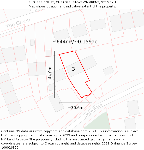 3, GLEBE COURT, CHEADLE, STOKE-ON-TRENT, ST10 1XU: Plot and title map